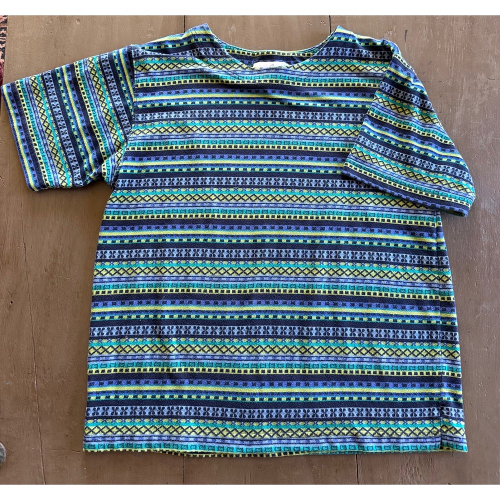 Vintage Casual Corner Geometric Fair Isle Knit Tee Blue Green Cottagecore M